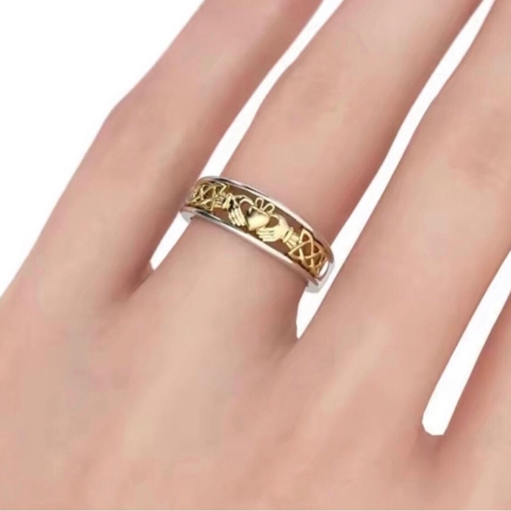 Gold and Silver Claddagh Celtic Band Ring - Sterling Silver